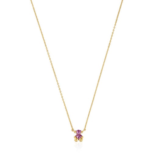 Short 18kt gold plating over silver bear motif Necklace with lab-grown lilac-colored sapphire Color Bear LGG