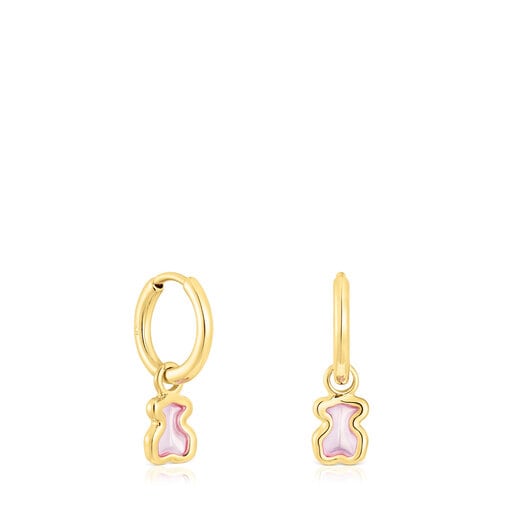 Aretes aro con baño de oro 18 kt sobre plata oso rosa Gregal